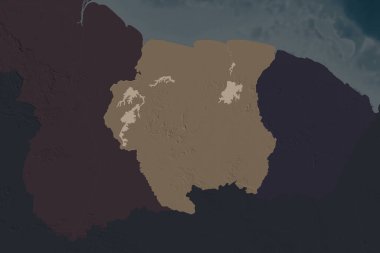 Suriname 'nin şekli komşu bölgelerin dedoygunluğuyla ayrılır. Renkli yükseklik haritası. 3B görüntüleme