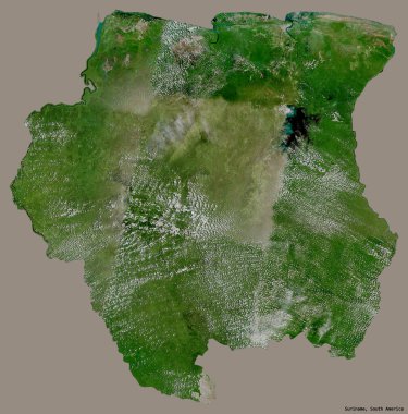 Sermayesi katı renk arka planında izole edilmiş Surinam 'ın şekli. Uydu görüntüleri. 3B görüntüleme