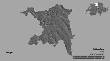 Aargau 'nun şekli, İsviçre kantonu, başkenti sağlam bir zemin üzerinde izole edilmiş. Uzaklık ölçeği, bölge önizlemesi ve etiketleri. Çift seviyeli yükseklik haritası. 3B görüntüleme