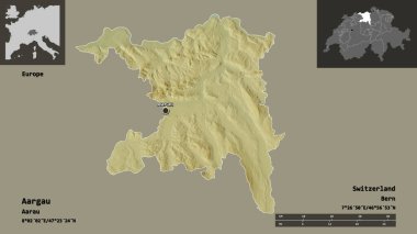 Aargau 'nun şekli, İsviçre kantonu ve başkenti. Uzaklık ölçeği, ön gösterimler ve etiketler. Topografik yardım haritası. 3B görüntüleme