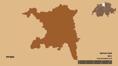 Aargau 'nun şekli, İsviçre kantonu, başkenti sağlam bir zemin üzerinde izole edilmiş. Uzaklık ölçeği, bölge önizlemesi ve etiketleri. Desenli dokuların bileşimi. 3B görüntüleme