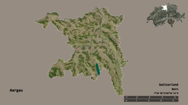 Aargau 'nun şekli, İsviçre kantonu, başkenti sağlam bir zemin üzerinde izole edilmiş. Uzaklık ölçeği, bölge önizlemesi ve etiketleri. Uydu görüntüleri. 3B görüntüleme