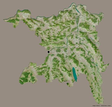 Aargau 'nun şekli, İsviçre kantonu, başkenti katı renk arka planında izole edilmiş. Uydu görüntüleri. 3B görüntüleme