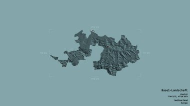 Basel-Landschaft bölgesi, İsviçre kantonu, katı bir arka planda izole edilmiş bir sınır kutusu. Etiketler. Renkli yükseklik haritası. 3B görüntüleme