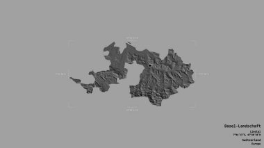 Basel-Landschaft bölgesi, İsviçre kantonu, katı bir arka planda izole edilmiş bir sınır kutusu. Etiketler. Çift seviyeli yükseklik haritası. 3B görüntüleme