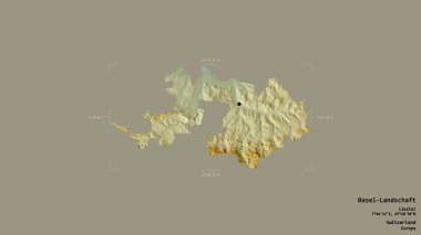 Basel-Landschaft bölgesi, İsviçre kantonu, katı bir arka planda izole edilmiş bir sınır kutusu. Etiketler. Topografik yardım haritası. 3B görüntüleme