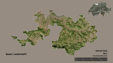 Basel-Landschaft 'ın şekli, İsviçre kantonu, sermayesi sağlam arka planda izole edilmiş. Uzaklık ölçeği, bölge önizlemesi ve etiketleri. Uydu görüntüleri. 3B görüntüleme
