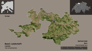 Basel-Landschaft 'ın şekli, İsviçre kantonu ve başkenti. Uzaklık ölçeği, ön gösterimler ve etiketler. Uydu görüntüleri. 3B görüntüleme