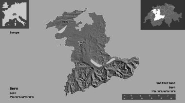 Bern 'ün şekli, İsviçre kantonu ve başkenti. Uzaklık ölçeği, ön gösterimler ve etiketler. Çift seviyeli yükseklik haritası. 3B görüntüleme