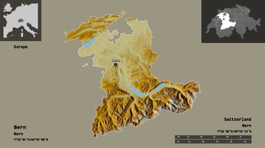 Bern 'ün şekli, İsviçre kantonu ve başkenti. Uzaklık ölçeği, ön gösterimler ve etiketler. Topografik yardım haritası. 3B görüntüleme