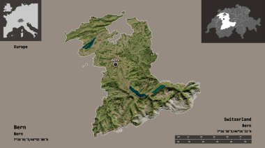 Bern 'ün şekli, İsviçre kantonu ve başkenti. Uzaklık ölçeği, ön gösterimler ve etiketler. Uydu görüntüleri. 3B görüntüleme