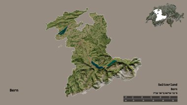 Bern 'ün şekli, İsviçre kantonu, başkenti sağlam arka planda izole edilmiş. Uzaklık ölçeği, bölge önizlemesi ve etiketleri. Uydu görüntüleri. 3B görüntüleme