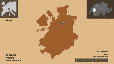 Fribourg 'un şekli, İsviçre kantonu ve başkenti. Uzaklık ölçeği, ön gösterimler ve etiketler. Desenli dokuların bileşimi. 3B görüntüleme