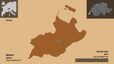Cenevre 'nin şekli, İsviçre kantonu ve başkenti. Uzaklık ölçeği, ön gösterimler ve etiketler. Desenli dokuların bileşimi. 3B görüntüleme