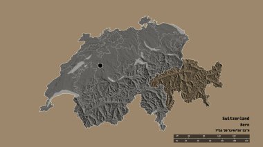 Başkenti, ana bölgesel bölümü ve ayrılmış Graubunden bölgesi ile İsviçre 'nin dejenere edilmiş şekli. Etiketler. Renkli yükseklik haritası. 3B görüntüleme