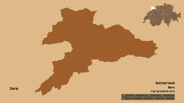İsviçre kantonu Jura 'nın şekli, başkenti sağlam bir zemin üzerinde izole edilmiş. Uzaklık ölçeği, bölge önizlemesi ve etiketleri. Desenli dokuların bileşimi. 3B görüntüleme