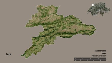İsviçre kantonu Jura 'nın şekli, başkenti sağlam bir zemin üzerinde izole edilmiş. Uzaklık ölçeği, bölge önizlemesi ve etiketleri. Uydu görüntüleri. 3B görüntüleme