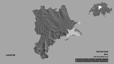 Lucerne 'in şekli, İsviçre kantonu, başkenti sağlam bir zemin üzerinde izole edilmiş. Uzaklık ölçeği, bölge önizlemesi ve etiketleri. Çift seviyeli yükseklik haritası. 3B görüntüleme
