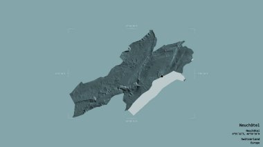 Neuchatel bölgesi, İsviçre kantonu, katı bir arka planda izole edilmiş bir sınır kutusu. Etiketler. Renkli yükseklik haritası. 3B görüntüleme