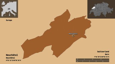 Neuchatel 'in şekli, İsviçre kantonu ve başkenti. Uzaklık ölçeği, ön gösterimler ve etiketler. Desenli dokuların bileşimi. 3B görüntüleme