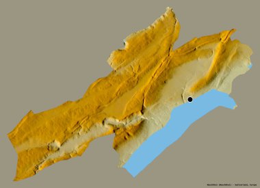 Neuchatel 'in şekli, İsviçre kantonu, sermayesi katı renk arka planında izole edilmiş. Topografik yardım haritası. 3B görüntüleme