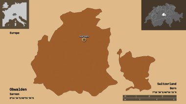 Obwalden 'ın şekli, İsviçre kantonu ve başkenti. Uzaklık ölçeği, ön gösterimler ve etiketler. Desenli dokuların bileşimi. 3B görüntüleme