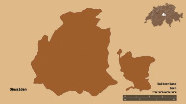 Obwalden 'ın şekli, İsviçre kantonu, başkenti sağlam arka planda izole edilmiş. Uzaklık ölçeği, bölge önizlemesi ve etiketleri. Desenli dokuların bileşimi. 3B görüntüleme