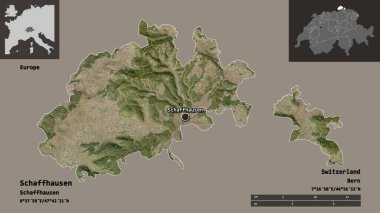 Schaffhausen şekli, İsviçre kantonu ve başkenti. Uzaklık ölçeği, ön gösterimler ve etiketler. Uydu görüntüleri. 3B görüntüleme
