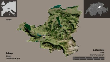 Schwyz 'in şekli, İsviçre kantonu ve başkenti. Uzaklık ölçeği, ön gösterimler ve etiketler. Uydu görüntüleri. 3B görüntüleme