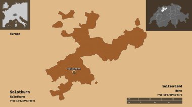 Solothurn şekli, İsviçre kantonu ve başkenti. Uzaklık ölçeği, ön gösterimler ve etiketler. Desenli dokuların bileşimi. 3B görüntüleme