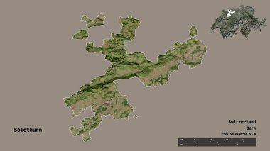 Solothurn 'ün şekli, İsviçre kantonu, başkenti sağlam bir zemin üzerinde izole edilmiş. Uzaklık ölçeği, bölge önizlemesi ve etiketleri. Uydu görüntüleri. 3B görüntüleme
