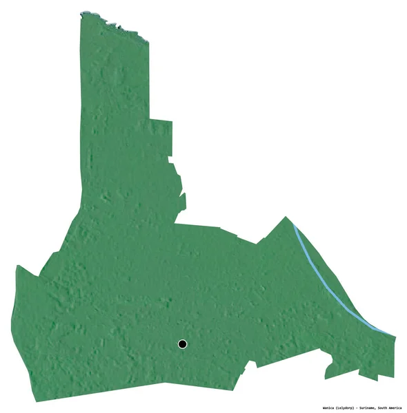 苏里南瓦尼卡区的形状 首都被白色背景隔离 地形浮雕图 3D渲染 — 图库照片