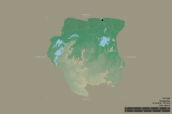 苏里南的一个地区被隔离在一个地理参照框的坚实背景中 主要区域分部 距离标度 地形浮雕图 3D渲染 — 图库照片