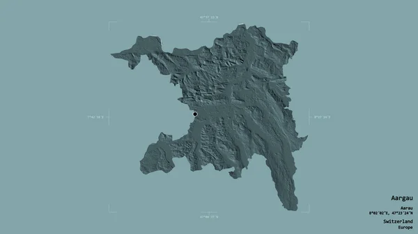 スイスの州 オーガウの地域は 洗練された境界線の箱の中にしっかりとした背景に隔離されています ラベル 色の標高マップ 3Dレンダリング — ストック写真