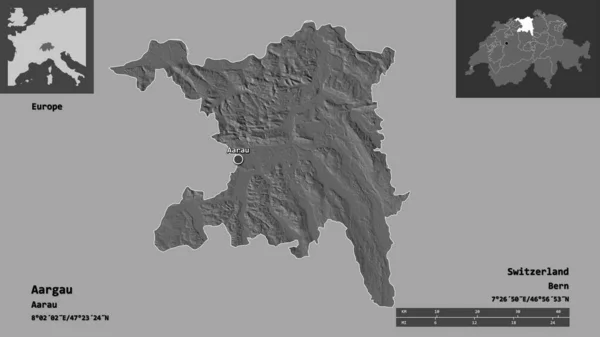 瑞士阿尔高州及其首府的形状 距离刻度 预览和标签 Bilevel高程图 3D渲染 — 图库照片