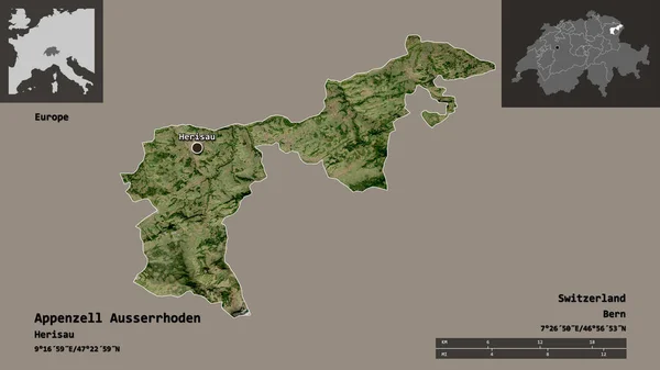 付録の形アウステルローデン スイスの州 およびその首都 距離スケール プレビューおよびラベル 衛星画像 3Dレンダリング — ストック写真