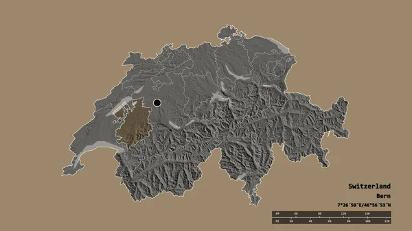 以首都 主要区域分部和分离的弗里堡地区为首都的瑞士的专制形态 彩色高程图 3D渲染 — 图库照片