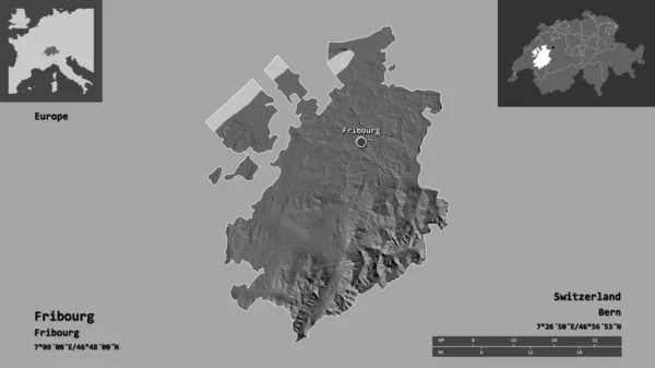 フリブールの形 スイスの州 そしてその首都 距離スケール プレビューおよびラベル 標高マップ 3Dレンダリング — ストック写真