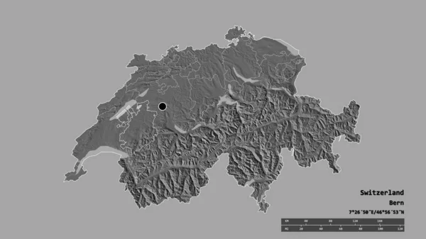 主要な地域部門と分離フリブール地域とスイスの荒廃した形 ラベル 標高マップ 3Dレンダリング — ストック写真