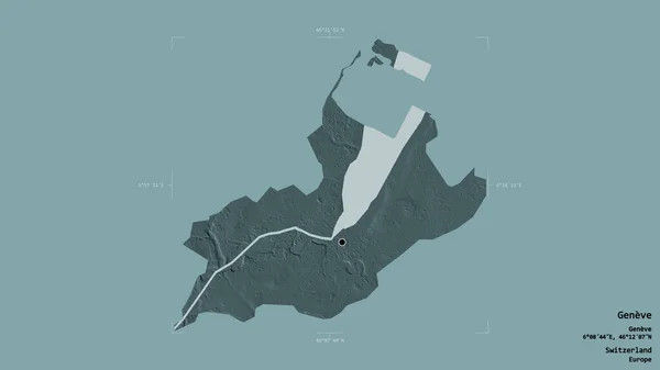 スイスのカントン州ジュネーブの地域は 洗練された境界ボックス内の強固な背景に隔離されています ラベル 色の標高マップ 3Dレンダリング — ストック写真