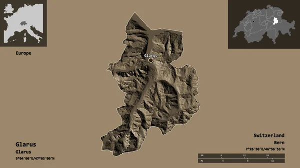 Formen Glarus Kantonen Schweiz Och Dess Huvudstad Avståndsskala Förhandsvisningar Och — Stockfoto