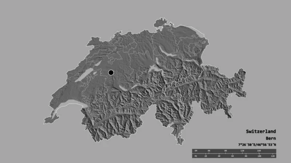 主要な地域部門と分離されたグラウビュンデン地域とスイスの荒廃した形 ラベル 標高マップ 3Dレンダリング — ストック写真