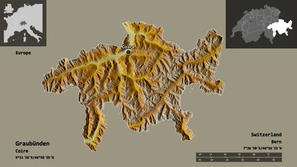 グラウビュンデンの形 スイスの州 およびその首都 距離スケール プレビューおよびラベル 地形図 3Dレンダリング — ストック写真