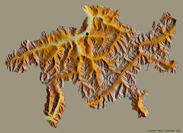 瑞士格劳本登州的形状 其首都被一个坚实的色彩背景隔离 地形浮雕图 3D渲染 — 图库照片