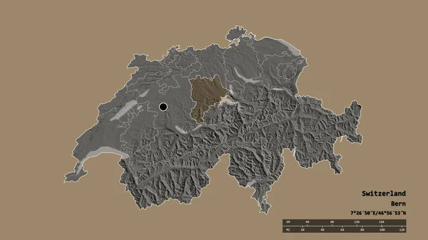 瑞士以首都 主要地区分部和分离的卢塞恩地区为首都的经济形势严峻 彩色高程图 3D渲染 — 图库照片