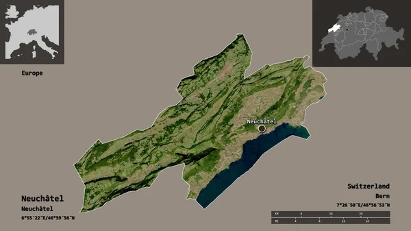 ニューシャテルの形 スイスの州 そしてその首都 距離スケール プレビューおよびラベル 衛星画像 3Dレンダリング — ストック写真