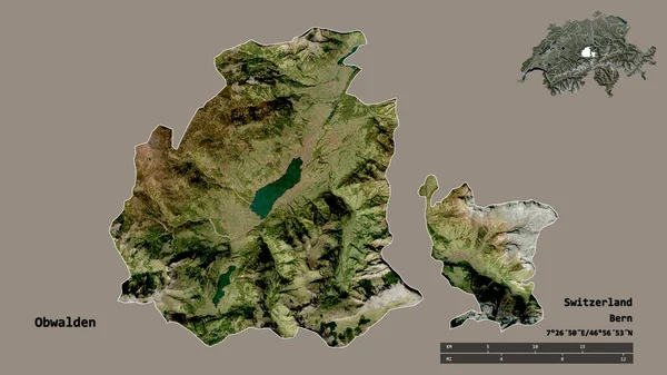 瑞士奥瓦尔登州的形状 其首都在坚实的背景下与世隔绝 距离尺度 区域预览和标签 卫星图像 3D渲染 — 图库照片