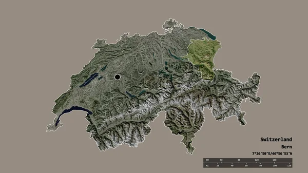 以首都 主要区域分部和分离的Sankt Gallen地区为首都的瑞士的荒凉面貌 卫星图像 3D渲染 — 图库照片