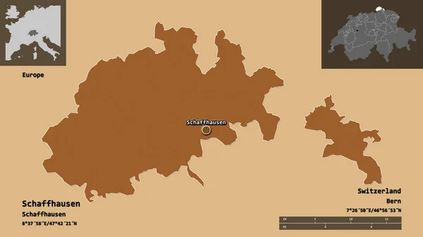 瑞士沙夫豪森州的形状及其首府 距离刻度 预览和标签 图形纹理的组成 3D渲染 — 图库照片