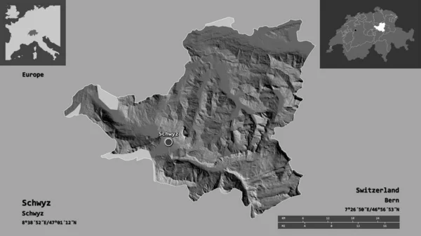 Tvar Schwyze Kantonu Švýcarska Jeho Hlavního Města Měřítko Vzdálenosti Náhledy — Stock fotografie